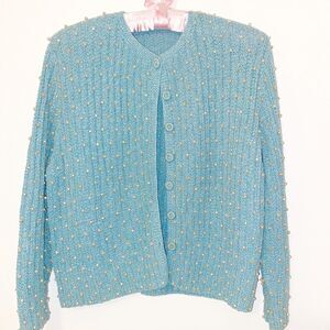 Vintage Handmade Teal Beaded Sweater With Silver Thread